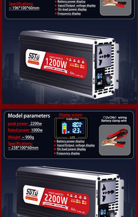 Convertisseur 12V 24V 220V Pur Sinus 1200 à 3000 W Onduleur Voiture Écran LCD