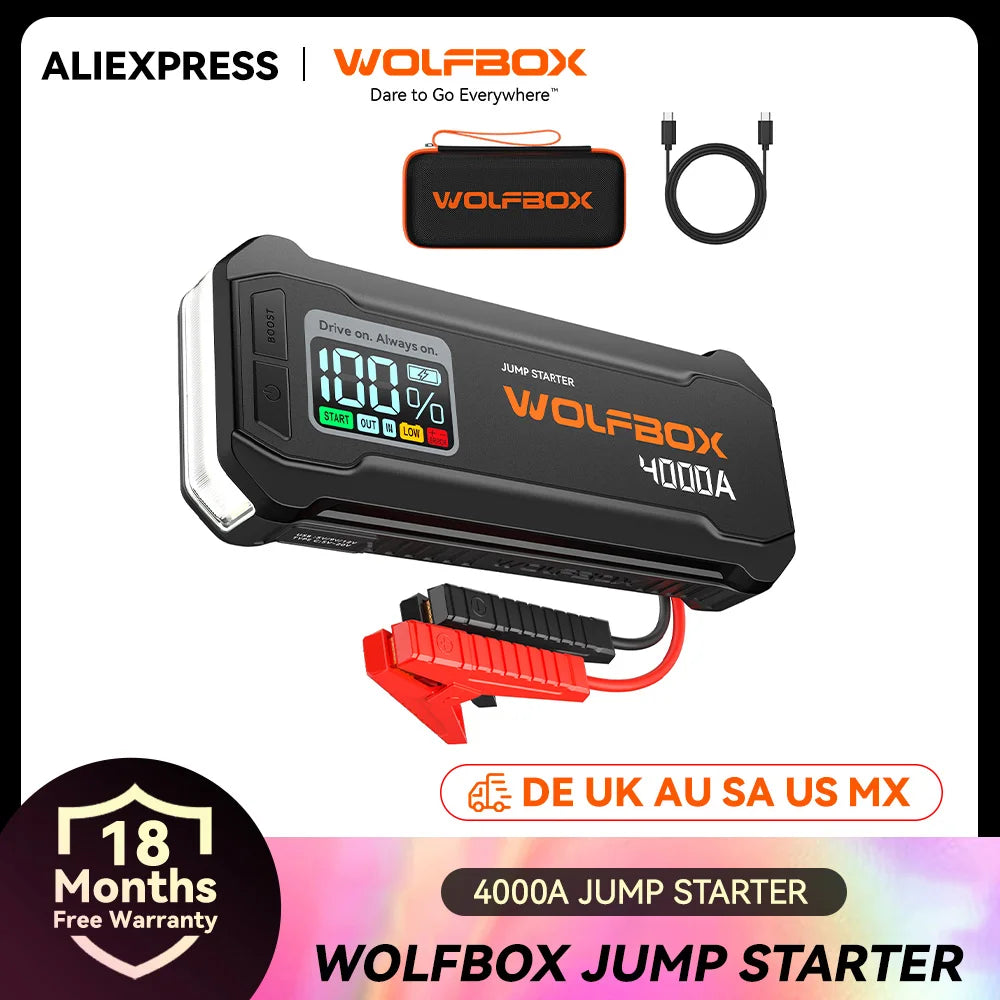 WOLFBOX JS24 Démarreur de Batterie Voiture 4000A 24000mAh