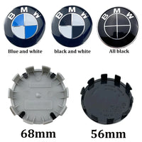 Comparaison des diamètres 56 mm et 68 mm et dos des cache-moyeux BMW avec clips