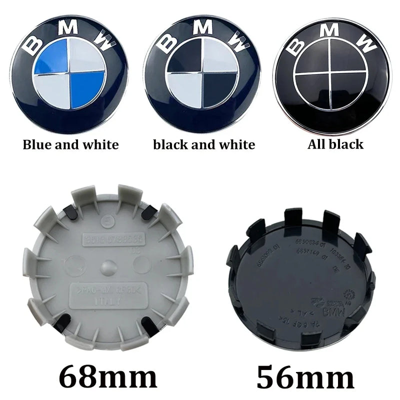 Comparaison des diamètres 56 mm et 68 mm et dos des cache-moyeux BMW avec clips