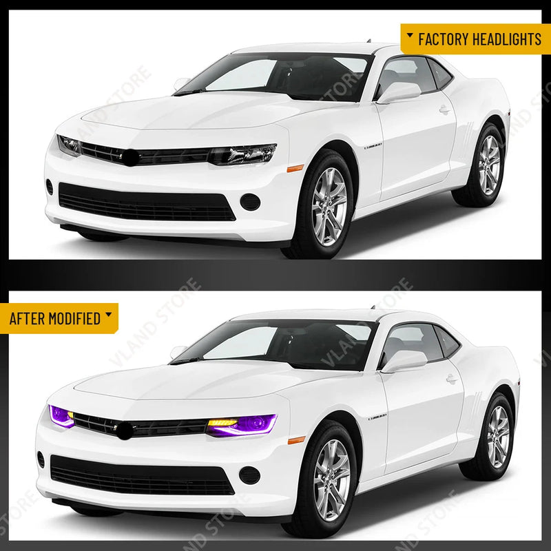 Phares LED RGB Chevrolet Camaro 2014-2015 Double Faisceau Feux de Jour Couleur Pilotables par Application