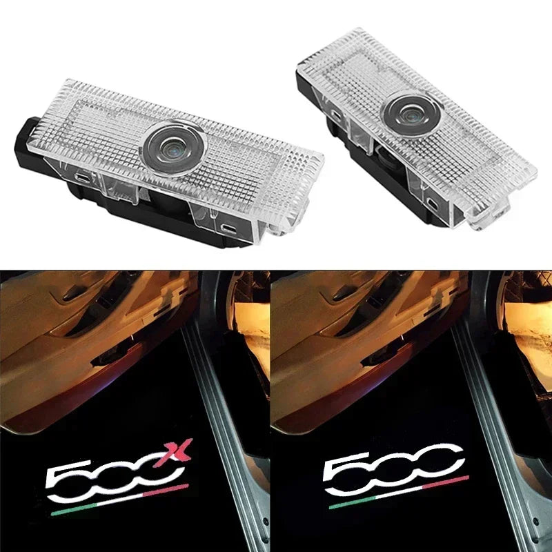 Projecteur Porte Fiat 500, 500X, 500L, Lumière de Bienvenue LED, Lot de 2, 3 Motifs