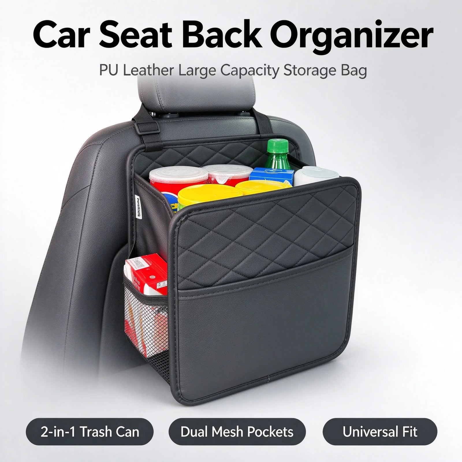 Quilted Leather Car Seat Organizer with 2-in-1 Trash Can