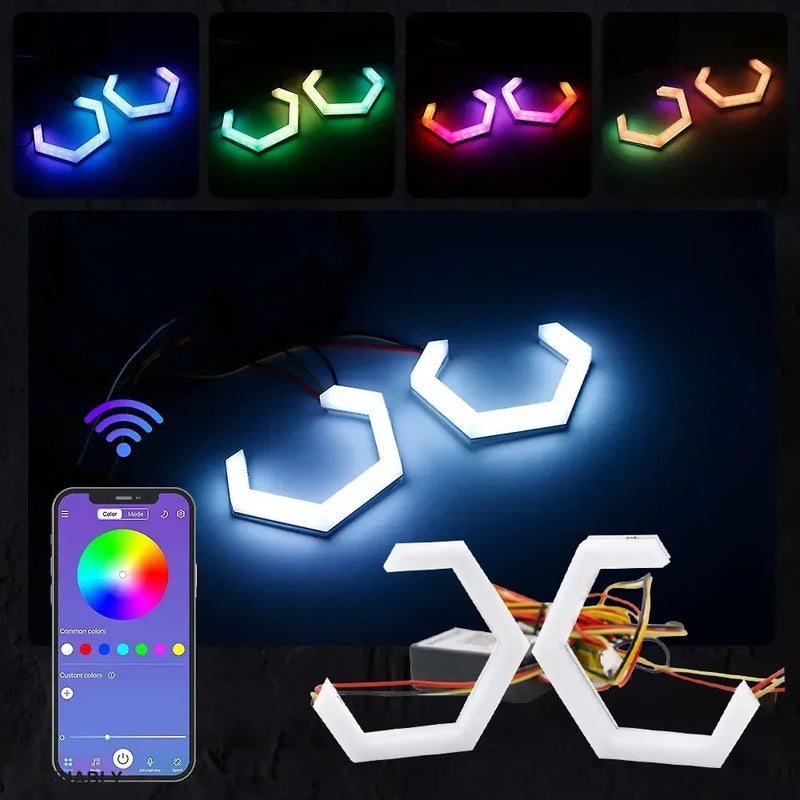 Hexagonale Angel-Eyes-LED-Ringe Bluetooth RGB 60 bis 90 mm