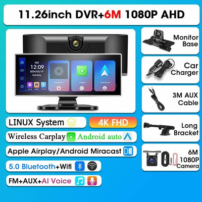 Dashcam Srnubi 11,26 Pouces 4K CarPlay Android Auto