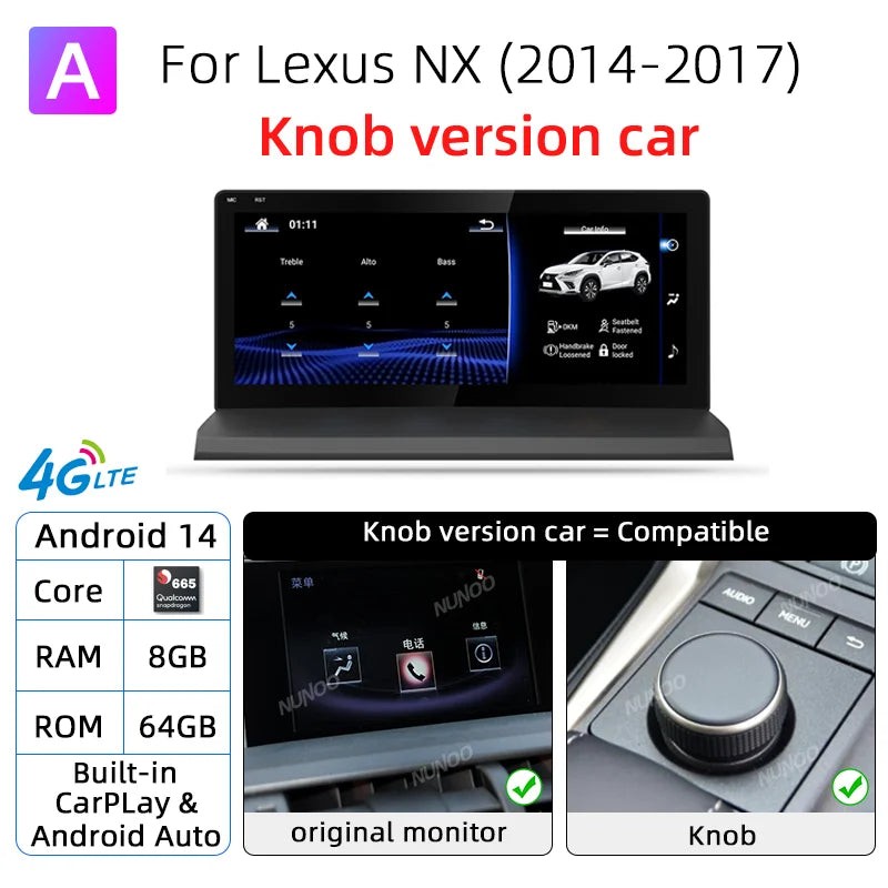 Autoradio CarPlay Android Auto Lexus NX 200 300 2014-2017 Écran 10,25 Pouces Android 14 DSP 4G