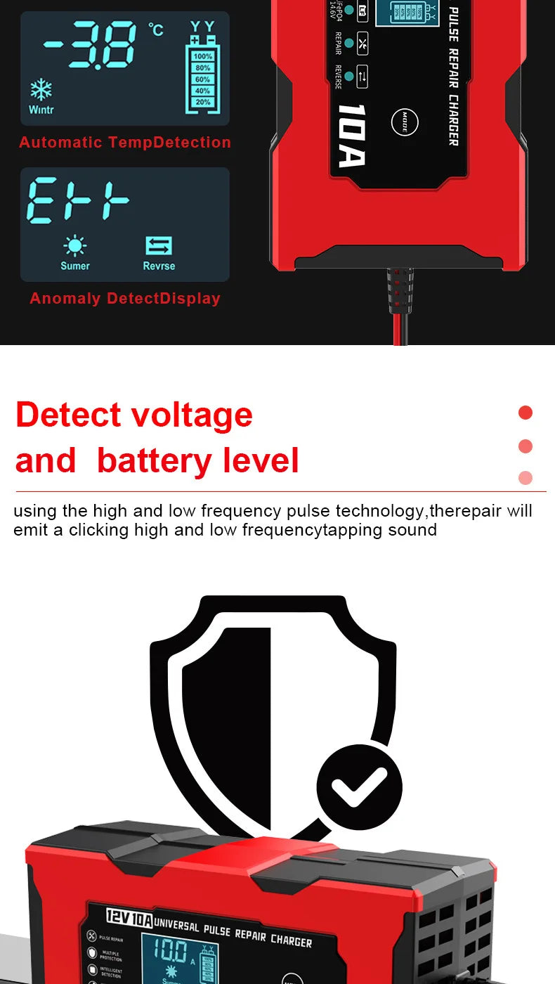 Chargeur de Batterie Voiture 12V 10A Intelligent LiFePO4 AGM Gel