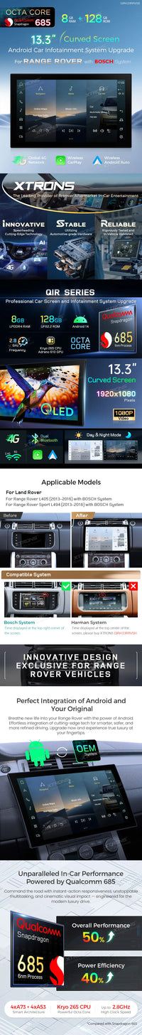 Autoradio XTRONS Android 14 Range Rover L405 et Sport L494 2013-2016 Écran 13,3 Pouces CarPlay Système Bosch