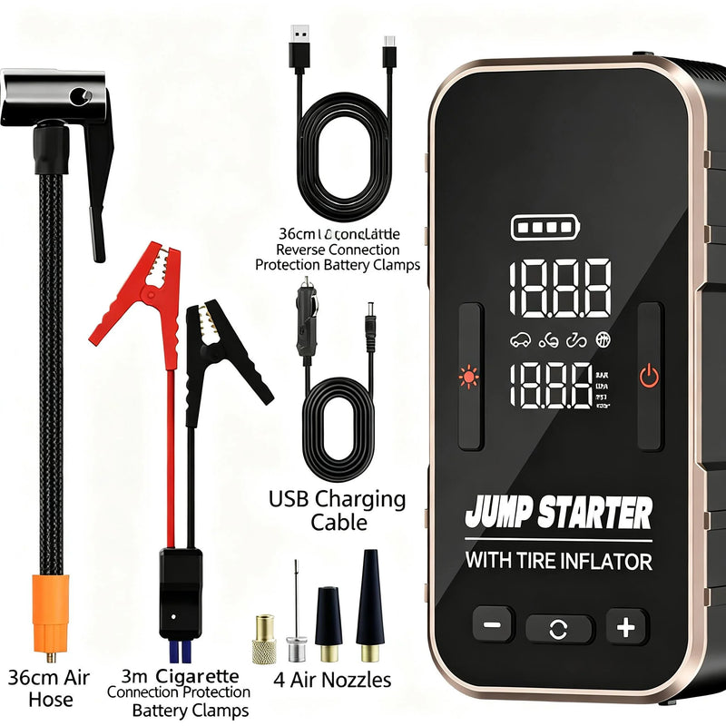Booster de Batterie Voiture 600 A 10 000 mAh avec Compresseur 23 L/min