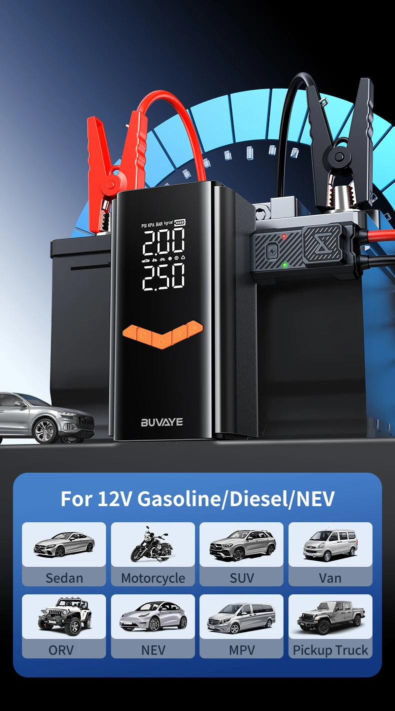 Booster de Batterie Voiture 4 en 1 avec Compresseur 150 PSI 25 L/min