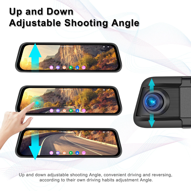 Dashcam Miroir Podofo 4K Écran Tactile 9,66 Pouces avec Caméra de Recul, Vision Nocturne et Surveillance 24 h