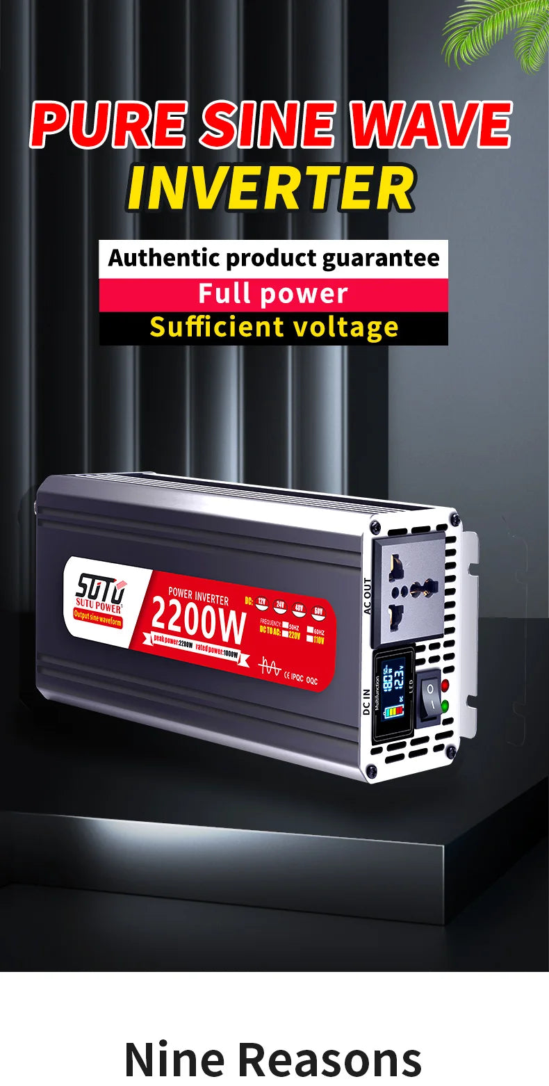 Convertisseur 12V 24V 220V Pur Sinus 1200 à 3000 W Onduleur Voiture Écran LCD