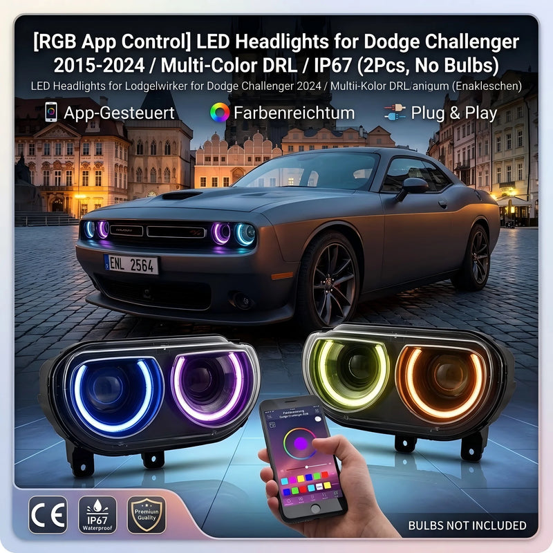 Phares Avant RGB Dodge Challenger 2015-2024 Feux de Jour Multicolores Contrôle par Application IP67