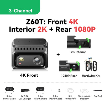 Dashcam DDPAI Z60T 3 Canaux 4K Avant Arrière Intérieur