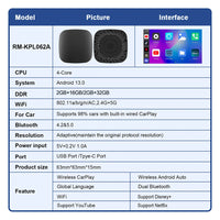 Boîtier CarPlay Android Auto Sans Fil AI Box Android 13 Bluetooth 5.0 GPS