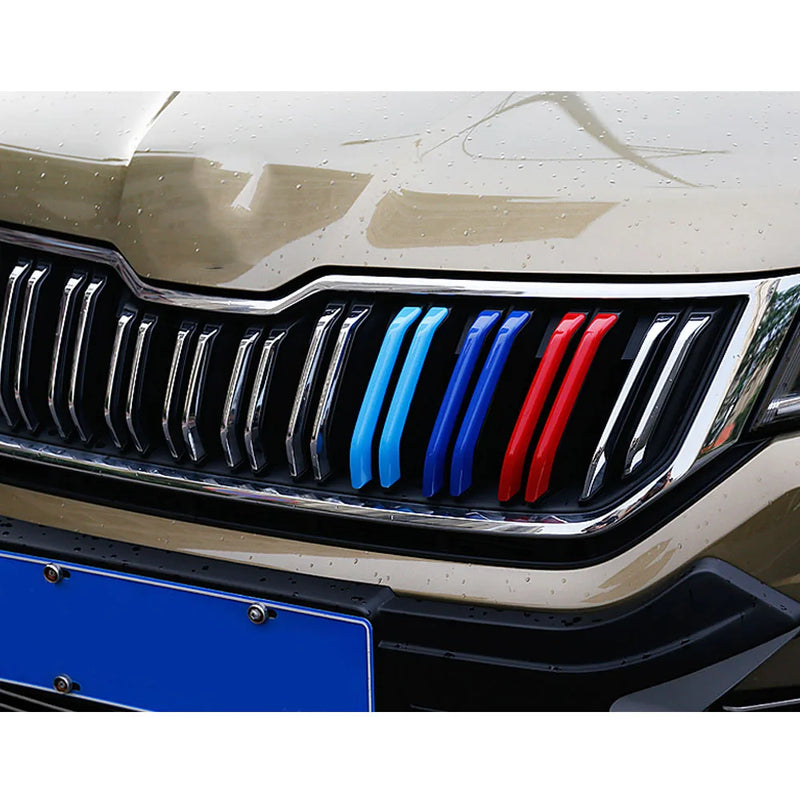 Baguettes de Calandre Skoda Kodiaq 2017-2021 Tricolores Bleu et Rouge en ABS, 6 Pièces à Clipser