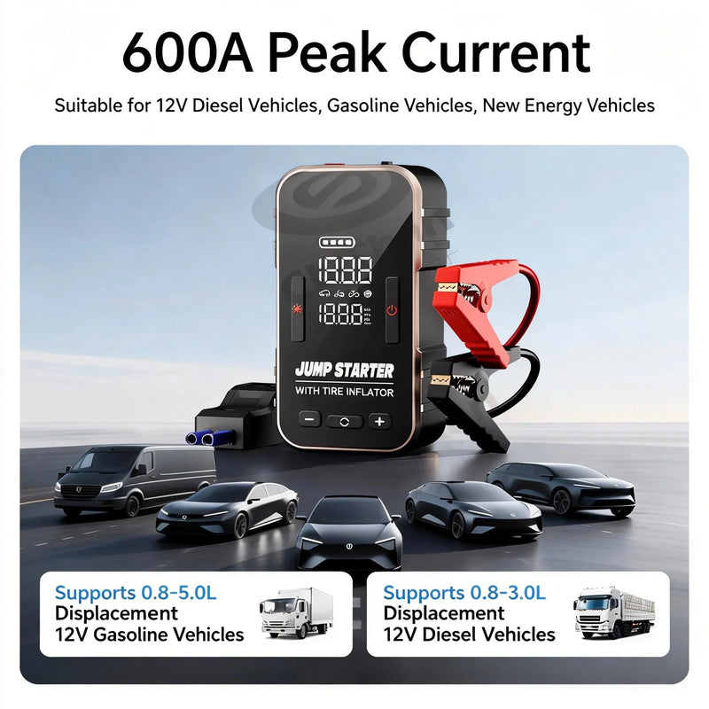 Booster de Batterie Voiture 600 A 10 000 mAh avec Compresseur 23 L/min