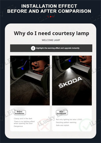 Projecteur Porte Skoda LED, Lentille Verre HD, Lot de 2 ou 4, Octavia Kodiaq Karoq Yeti VRS, 7 Motifs