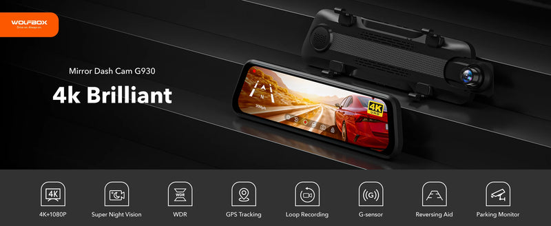 Dashcam Miroir Wolfbox G930 4K avec Écran Tactile, Wi-Fi 5,8 GHz, GPS et Caméra de Recul, Surveillance de Parking