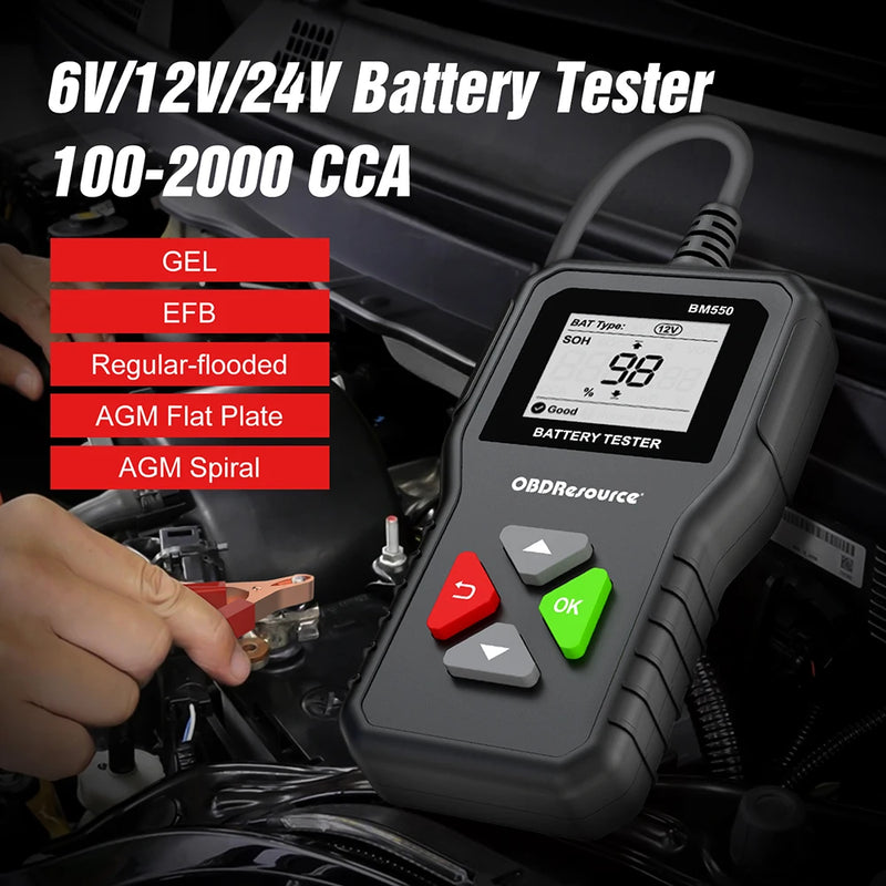 Testeur de Batterie Voiture 6V 12V 24V 100-2000 CCA Écran LCD