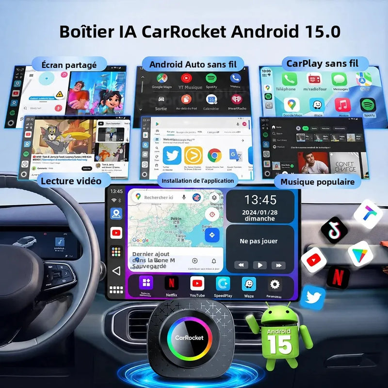 Boîtier CarPlay CarRocket Plus Android 15 4G GPS Sans Fil