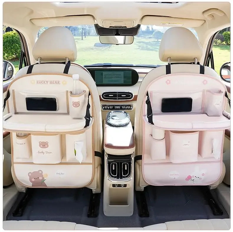Beige Foldable Tablet Back Seat Car Organizer with Teddy Bear