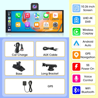 Dashcam 4K CarPlay Écran Rotatif 10,26 Pouces