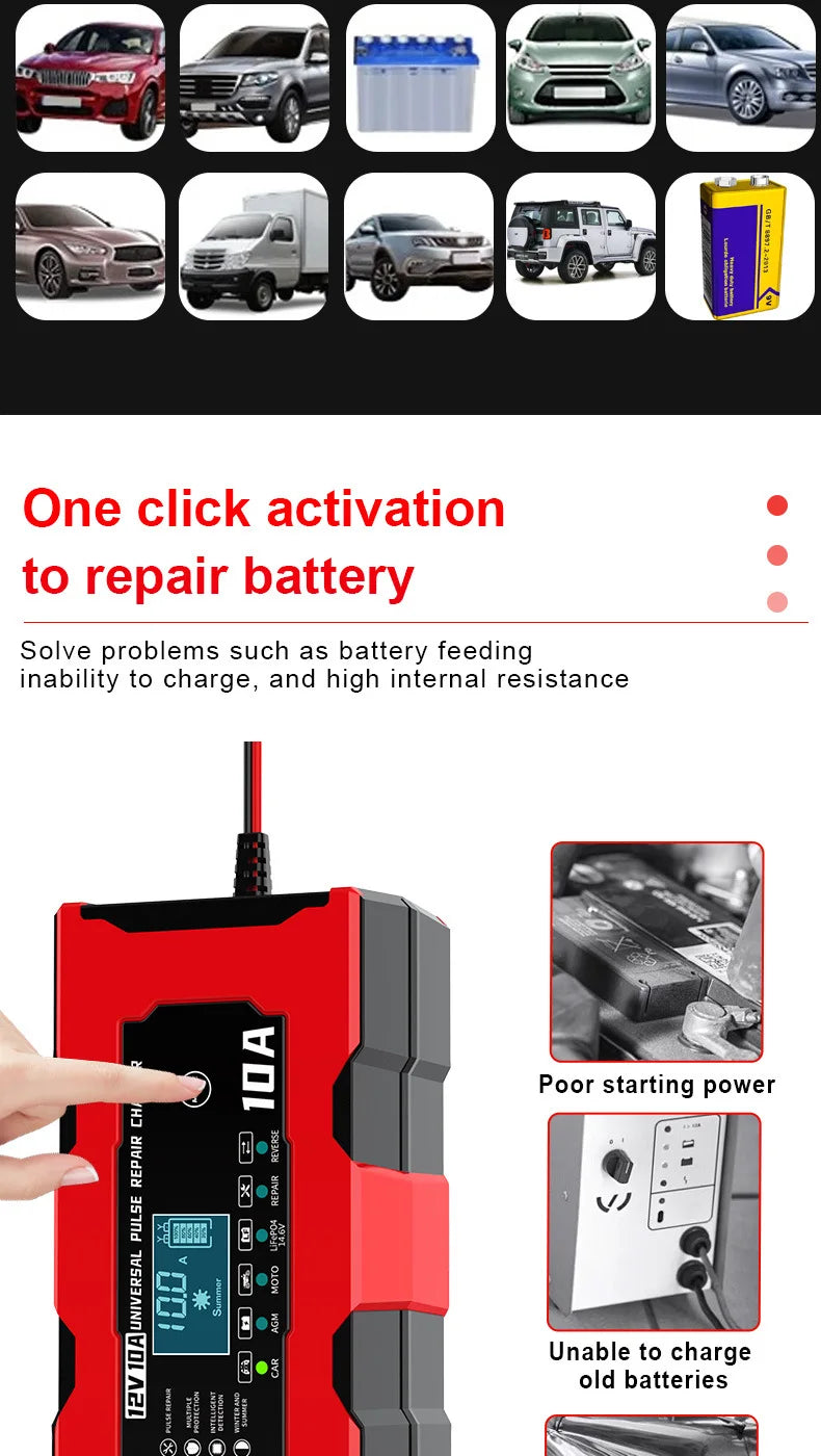 Chargeur de Batterie Voiture 12V 10A Intelligent LiFePO4 AGM Gel