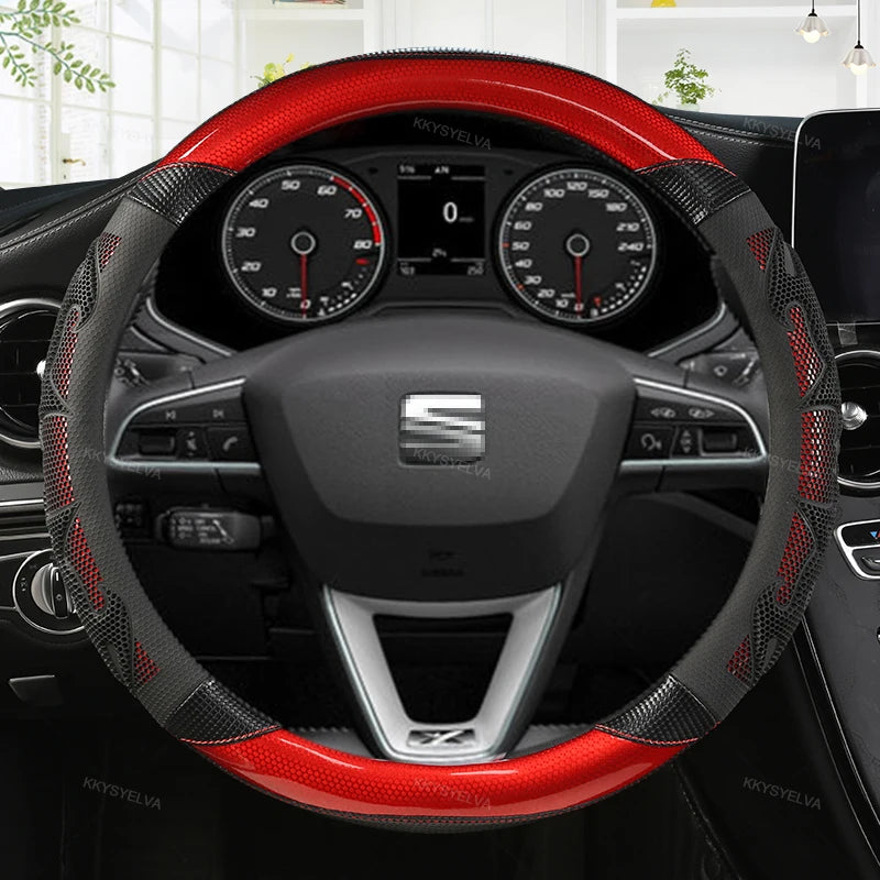 Couvre Volant Seat Leon FR, Ibiza, Arona, Ateca, Tarraco en Cuir Microfibre et Carbone 38 cm