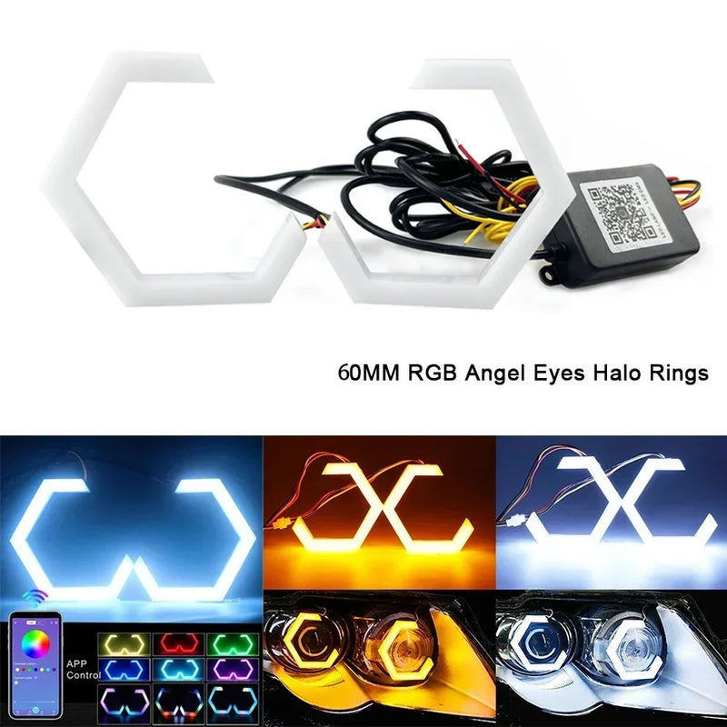 Hexagonale Angel-Eyes-LED-Ringe Bluetooth RGB 60 bis 90 mm