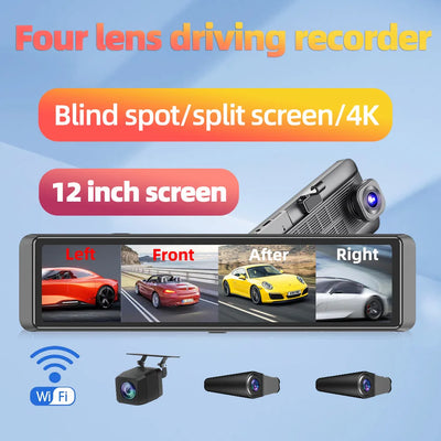 Dashcam Miroir 12 Pouces 4 Objectifs 4K Kit Câblage