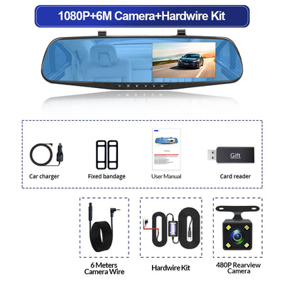 Dashcam Miroir 4,3 Pouces Double Objectif 1080P