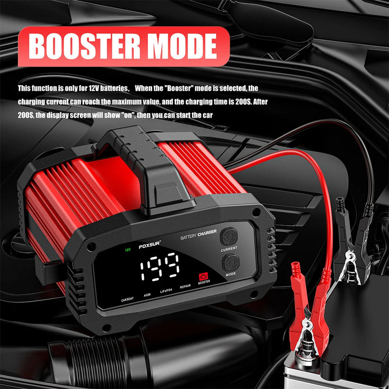 Chargeur de Batterie Voiture FOXSUR 12V 24V 25A avec Fonction Booster