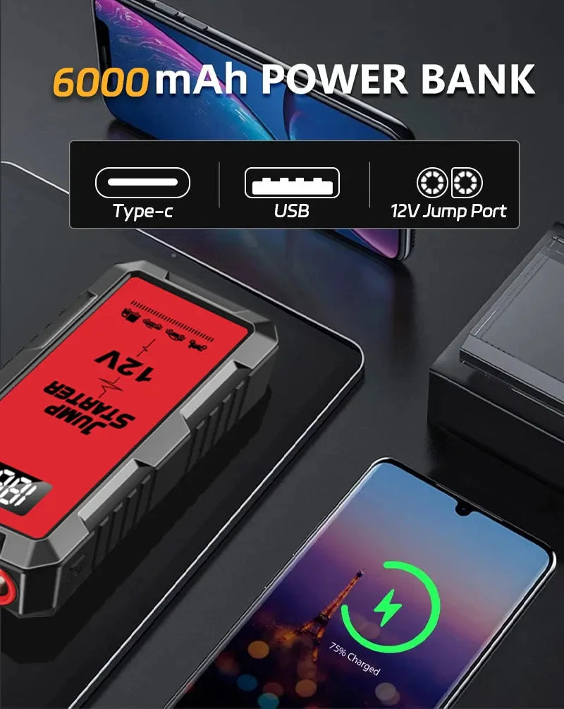 Booster de Batterie Voiture 12V 1200A Écran Numérique 5 Coloris
