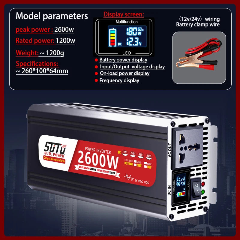 Convertisseur 12V 24V 220V Pur Sinus 1200 à 3000 W Onduleur Voiture Écran LCD
