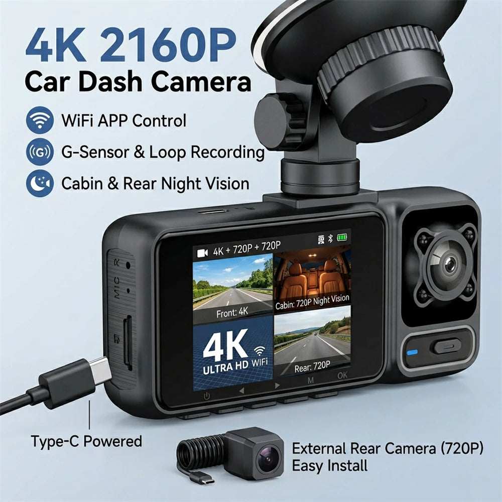 Dashcam 3 Caméras 4K Avant Intérieur Arrière Wi-Fi Écran 2 Pouces