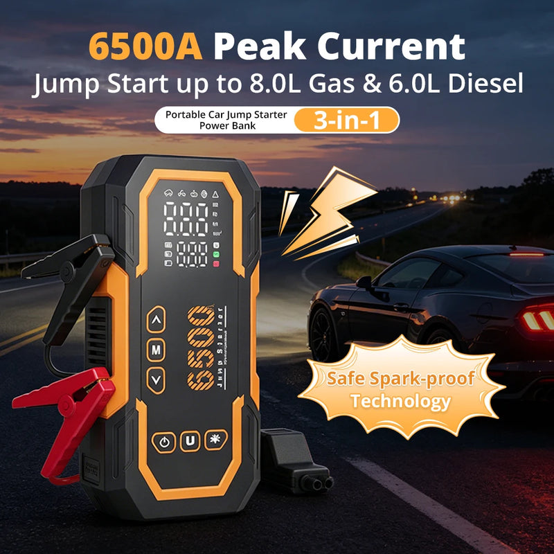 Booster de Batterie Voiture 6500A avec Compresseur 150 PSI 3 en 1