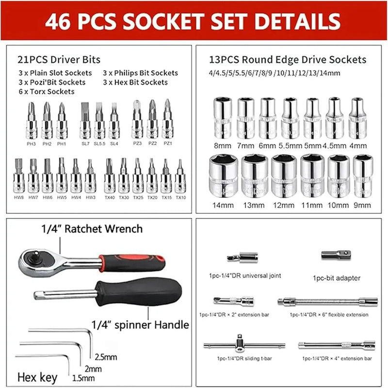 46-Piece Socket Set with Ratchet for Car