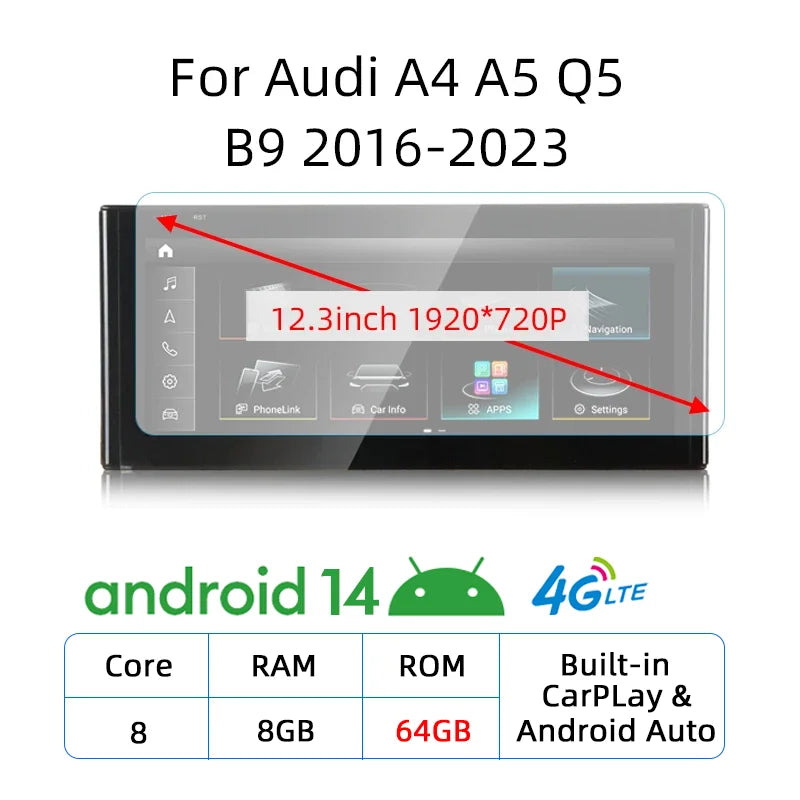Autoradio Android Audi A4 A5 Q5 B9 CarPlay — vue de face