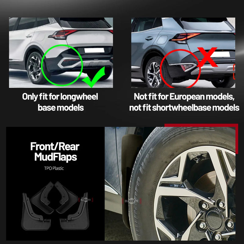 Garde-Boue Kia Sportage NQ5 2022-2024 Empattement Long Jeu de 4 Bavettes Avant et Arrière