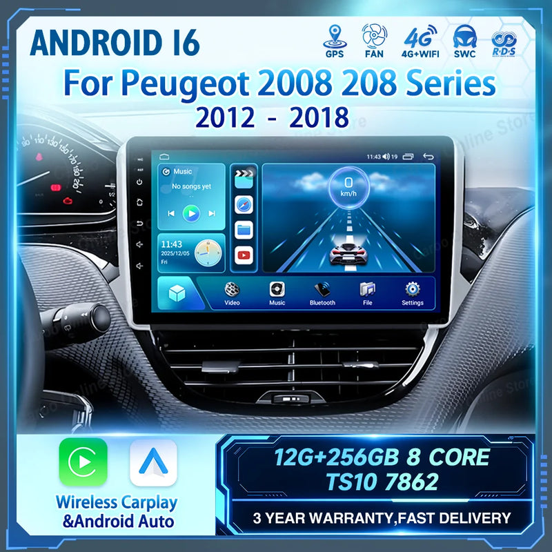 Autoradio CarPlay Peugeot 208 2008 2012-2018 Android Écran Tactile