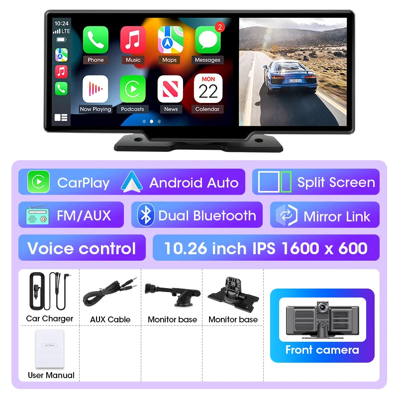 Dashcam 4K Écran CarPlay Sans Fil 11,26 ou 10,26 Pouces Double Caméra