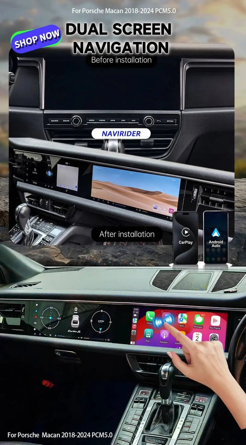 Autoradio Double Écran 12,3 + 12,3 Pouces Porsche Macan 2018-2024 Android CarPlay GPS 4G