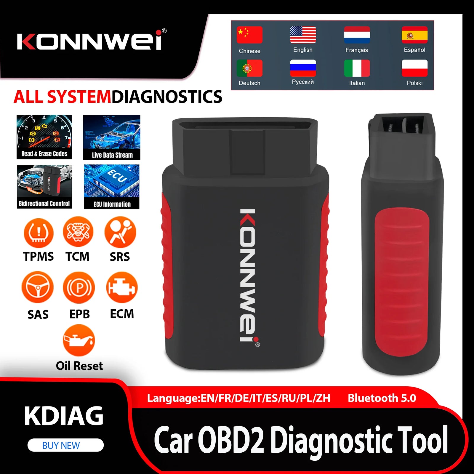 Valise Diagnostic Bluetooth Konnwei KDIAG OBD2 Système Complet