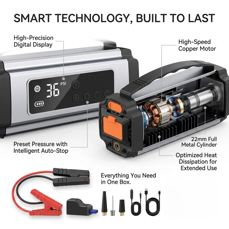 Booster de Batterie Voiture 12V avec Compresseur 150 PSI Écran Numérique