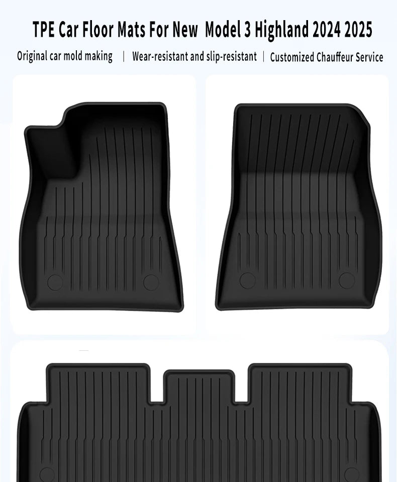 Tapis de Sol Tesla Model 3 Highland 2024-2026 TPE Ensemble 3 à 12 Pièces Simple ou Double Couche