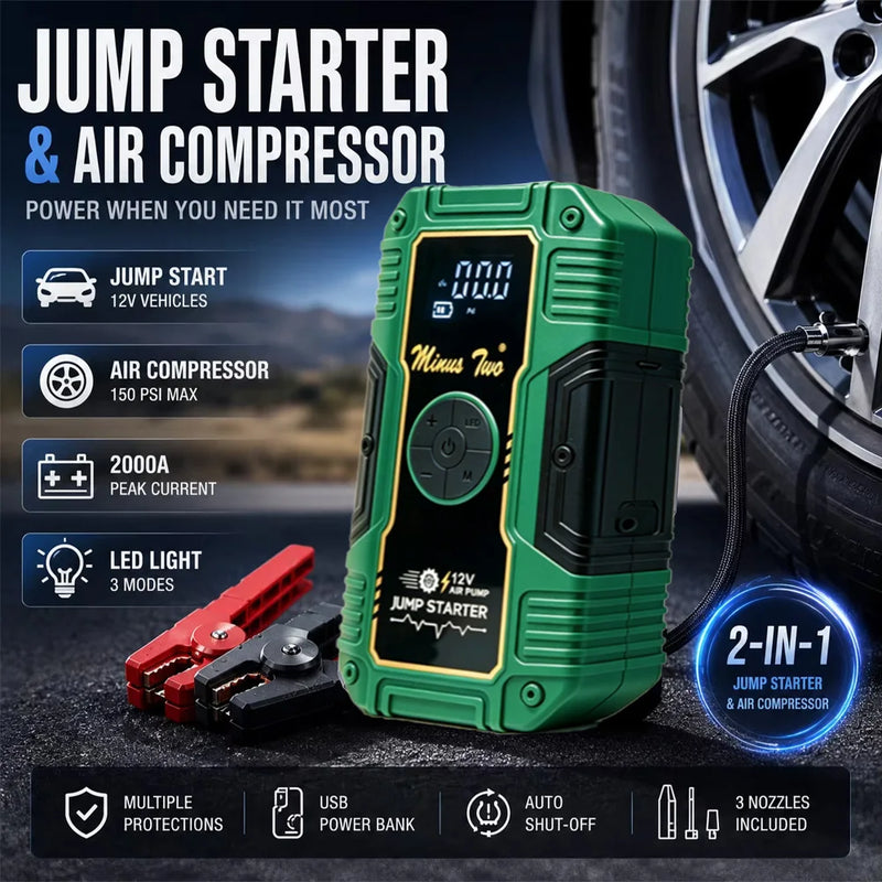 Booster de Batterie 2000A 12V Compresseur d'Air et Lampe LED