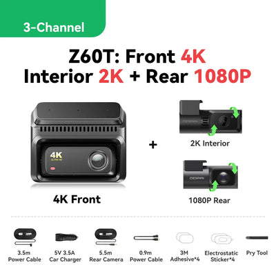 Dashcam DDPAI Z60T 3 Canaux 4K Avant Arrière Intérieur