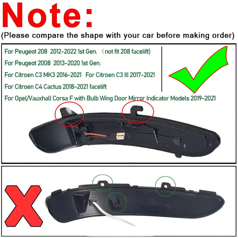 Clignotants LED de Miroir Latéral Dynamiques Séquentiels Peugeot 208 2008 Citroën C3 C4 Lot de 2