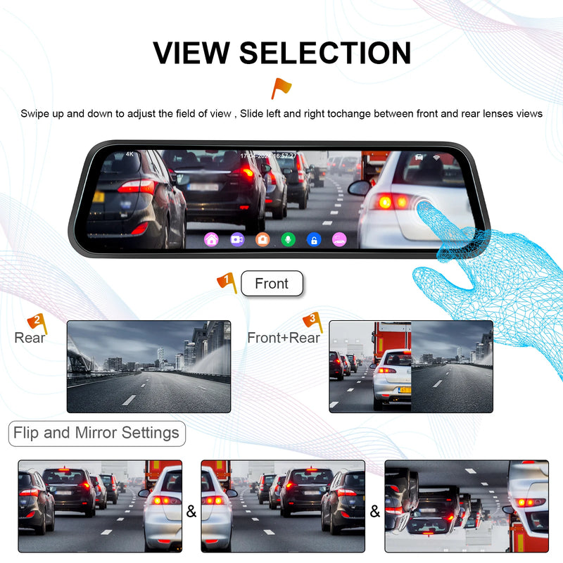 Dashcam Miroir Podofo 4K Écran Tactile 9,66 Pouces avec Caméra de Recul, Vision Nocturne et Surveillance 24 h